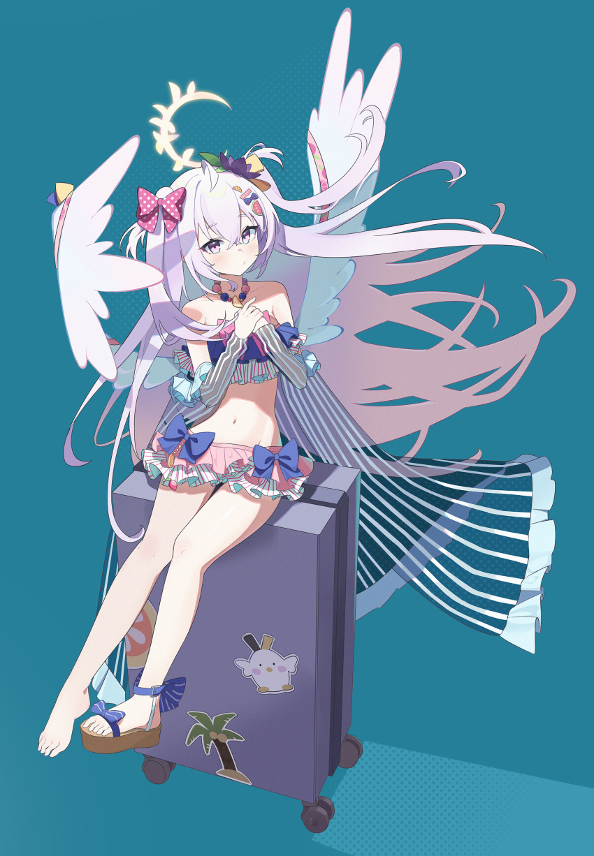1girl absurdres angel_wings azusa_(blue_archive) azusa_(swimsuit)_(blue_archive) bare_arms bare_legs bare_shoulders bikini blue_archive blush closed_mouth e_li_(77864296) feathered_wings frilled_bikini frills full_body hair_between_eyes halo highres long_hair navel official_alternate_costume peroro_(blue_archive) purple_bikini purple_hair solo swimsuit white_hair white_wings wings yellow_halo