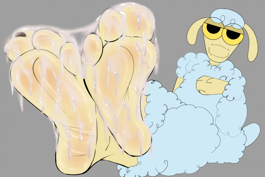 3_toes bodily_fluids bovid caprine cum cum_on_feet feet genital_fluids hi_res humanoid_feet looking_at_viewer male mammal plantigrade sheep sheep_in_the_big_city simple_background soles solo toes vendetta892