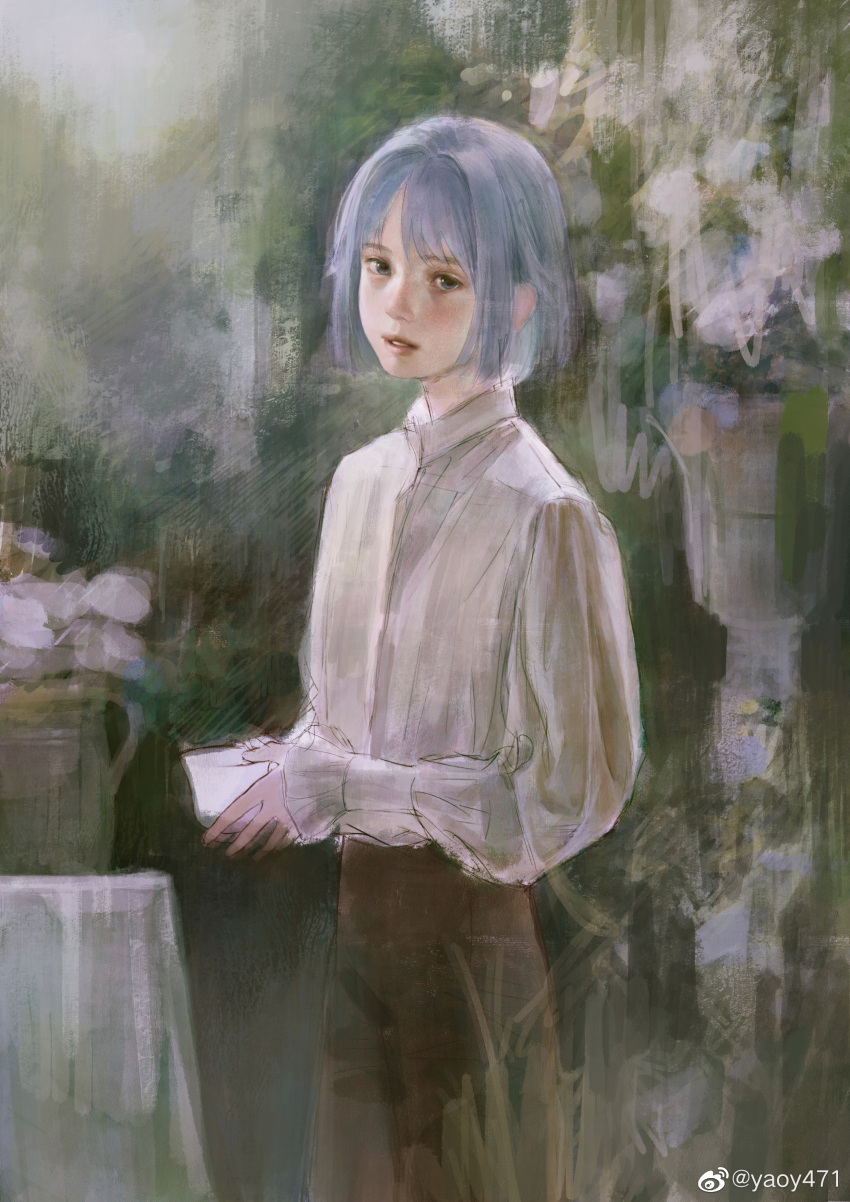 1girl absurdres black_skirt blue_eyes blue_hair faux_traditional_media flower flower_pot highres holding light_blue_hair long_sleeves looking_at_viewer original outdoors parted_lips realistic shirt shirt_tucked_in short_hair sidelocks skirt solo standing weibo_logo weibo_username white_flower white_shirt yaoy