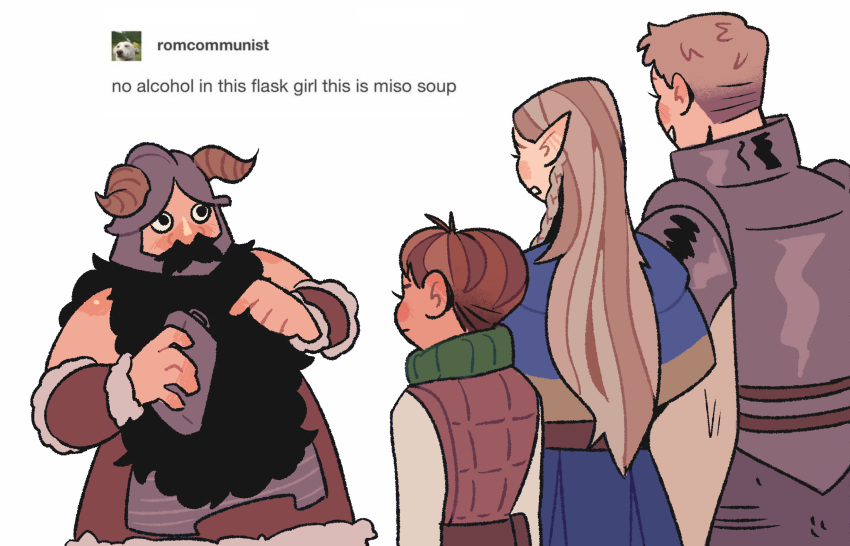 1girl 3boys armor beard black_eyes blonde_hair brown_hair chilchuck_tims closed_mouth commentary dungeon_meshi dwarf elf english_commentary english_text eyesup-orion facial_hair fake_horns halfling helmet highres hip_flask holding horned_helmet horns laios_thorden long_hair looking_at_another marcille_donato multiple_boys open_mouth pointy_ears senshi_(dungeon_meshi) short_hair simple_background smile tumblr white_background