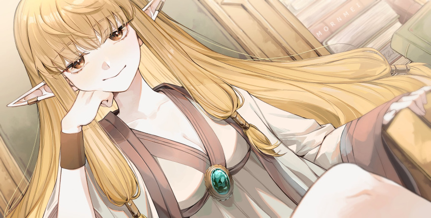 1girl arm_rest arm_support artist_name blonde_hair book book_stack breasts brooch cleavage commentary dutch_angle ear_bar elf english_commentary gem green_gemstone hair_tubes hand_on_own_cheek hand_on_own_face hand_up head_rest highres jewelry jitome long_hair long_sleeves looking_at_viewer low-tied_sidelocks mai_(mornmeii) pointy_ears robe serie_(sousou_no_frieren) sitting smile solo sousou_no_frieren throne upper_body very_long_hair white_robe wide_sleeves