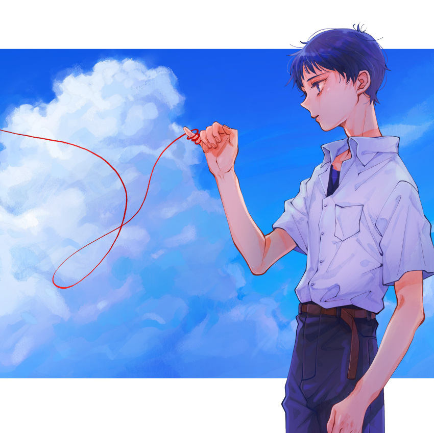 1boy black_hair blue_eyes blue_sky cloud collared_shirt highres ikari_shinji looking_to_the_side male_focus matsuko_(mrimri3) neon_genesis_evangelion shirt sky solo string string_around_finger string_of_fate