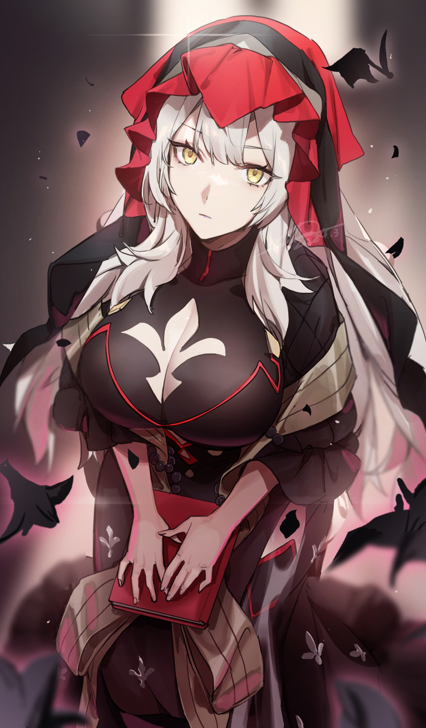 1girl absurdres black_dress book breasts dress fate/grand_order fate_(series) grey_hair hat highres holding holding_book large_breasts large_hat long_hair looking_at_viewer marie_antoinette_(alter)_(fate) marie_antoinette_(fate) no-kan very_long_hair white_hair yellow_eyes