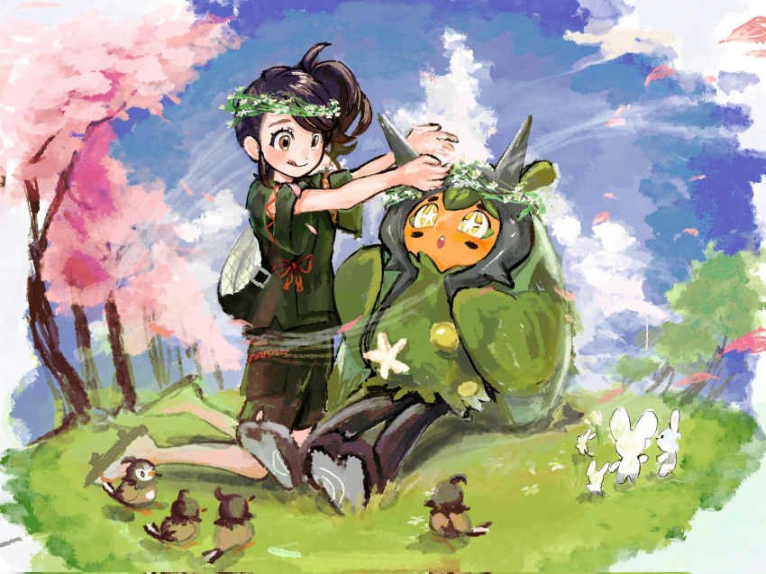 1girl :q bird black_hair brown_eyes brown_hair cloud corrupted_twitter_file day grass head_wreath highres japanese_clothes juliana_(pokemon) kneeling maushold ogerpon on_ground outdoors petals pokemon pokemon_(creature) pokemon_sv short_sleeves sitting sky star-shaped_pupils star_(symbol) starly symbol-shaped_pupils tongue tongue_out tree wrozzii