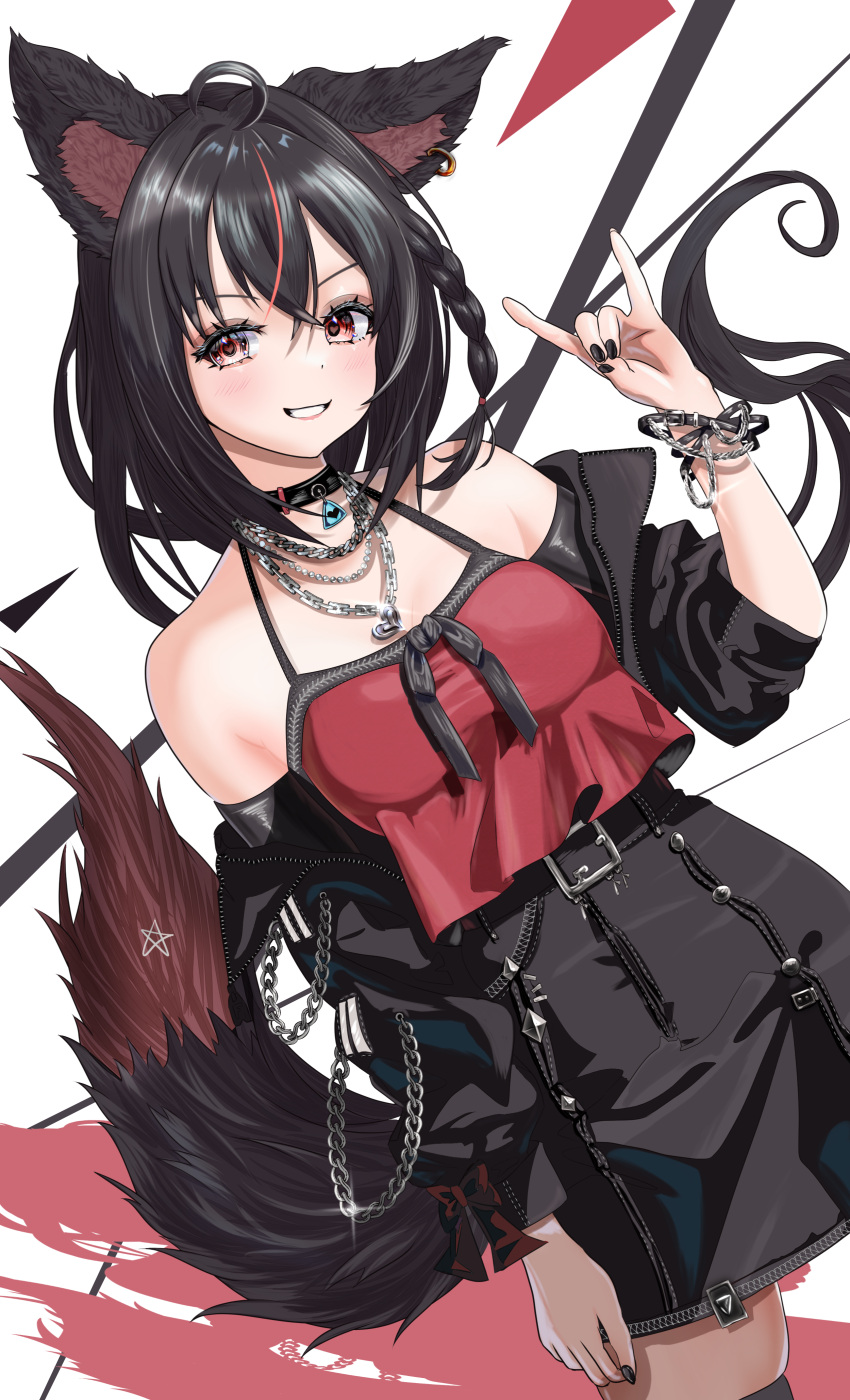 1girl absurdres ahoge alternate_costume animal_ears black_choker black_hair black_jacket black_nails black_skirt blush braid breasts choker fox_ears fox_girl fox_shadow_puppet fox_tail heart heart_in_eye highres hololive jacket jewelry kurokami_fubuki long_hair looking_at_viewer medium_breasts multicolored_hair nail_polish necklace red_eyes red_hair red_shirt shirt single_braid skirt smile solo streaked_hair symbol_in_eye tail virtual_youtuber wakaunderblade7