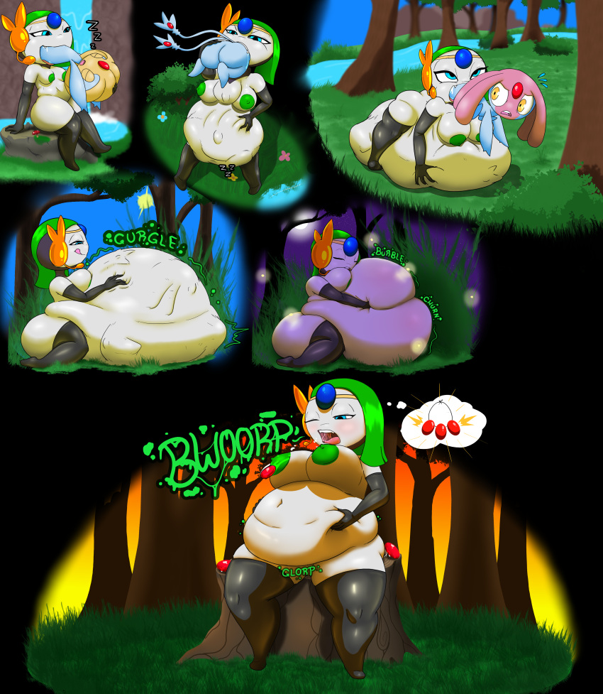 absurd_res areola armwear azelf belly belly_reduction big_belly big_breasts breasts burping clothing comic digestion digestion_noises digestion_sequence digital_media_(artwork) elbow_gloves fatal_vore feet_first female female_pred forehead_gem forest gem generation_4_pokemon generation_5_pokemon gloves green_areola handwear head_first hi_res huge_belly humanoid humanoid_pred hyper hyper_belly jackheretherealone legendary_pokemon legwear meloetta mesprit multiple_prey neck_bulge nintendo oral_vore outside plant pokemon pokemon_(species) puffy_areola resting_on_belly same_size_vore sitting sitting_on_rock sitting_on_stump swallowing thigh_highs tree uxie vore weight_gain
