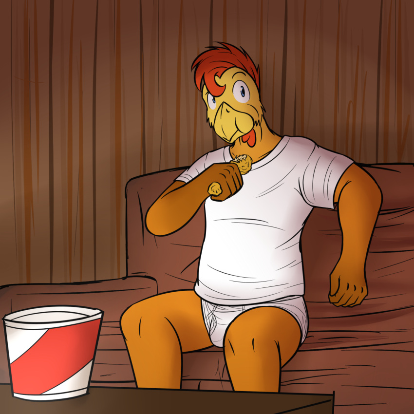 anthro avian bird briefs bucket chewing chicken chicken_meat clothing container eating food fried_chicken fuze galliform gallus_(genus) hair hi_res male meat pantsless_anthro pantsless_male phasianid red_hair shirt solo t-shirt tighty_whities topwear undershirt underwear white_briefs white_clothing white_shirt white_t-shirt white_topwear white_underwear