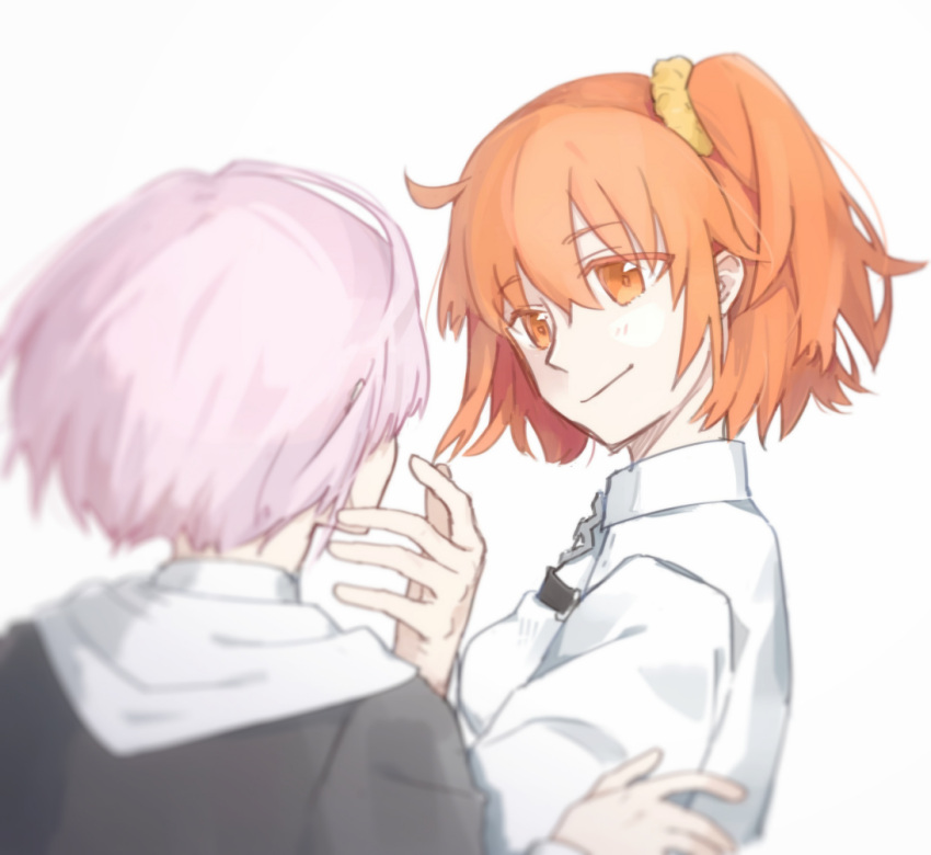 2girls chaldea_uniform closed_mouth fate/grand_order fate_(series) fujimaru_ritsuka_(female) hair_ornament hair_scrunchie hand_up long_sleeves mash_kyrielight multiple_girls one_side_up orange_eyes orange_hair pink_hair scrunchie shironojiro short_hair simple_background smile upper_body white_background yellow_scrunchie