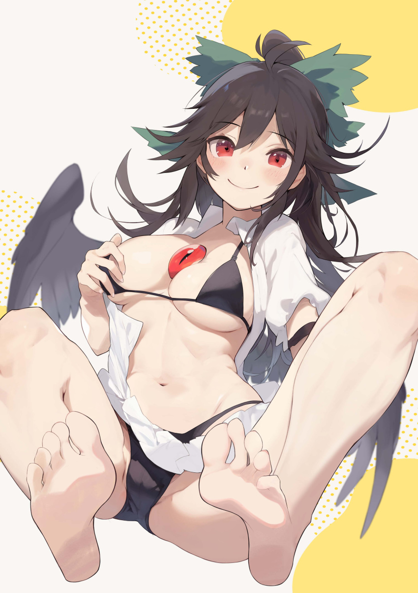 1girl absurdres arm_behind_back bare_legs barefoot bikini black_bikini black_panties black_wings blush bow breasts brown_hair collared_shirt commentary_request feathered_wings full_body grabbing_own_breast green_bow hair_between_eyes hair_bow hand_on_own_chest hand_up happy heart heart-shaped_pupils highres knee_up knees_apart_feet_together long_hair looking_at_viewer medium_breasts messy_hair midriff navel no_pants panties partially_unbuttoned polka_dot polka_dot_background presenting pulled_by_self red_eyes reiuji_utsuho shirt shirt_aside sitting slit_pupils solo spread_legs stomach swimsuit symbol-shaped_pupils tetsurou_(fe+) third_eye third_eye_on_chest touhou underwear very_long_hair white_shirt wings