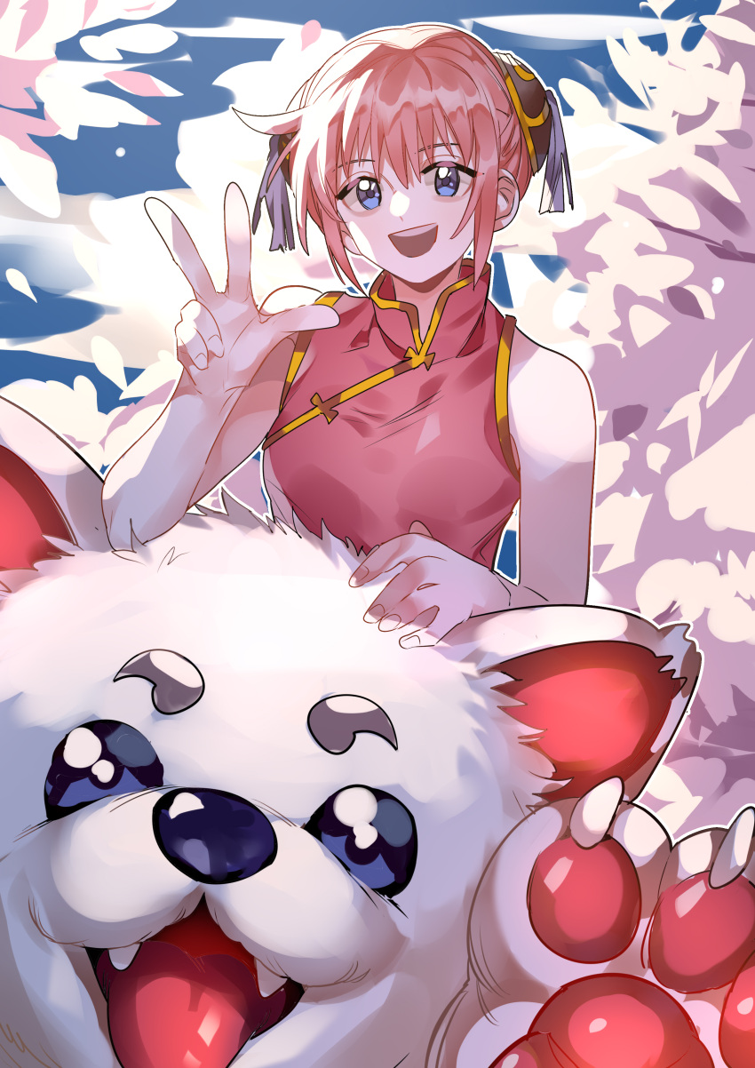 1girl :d absurdres animal bare_shoulders blue_eyes blue_sky bun_cover cherry_blossoms chinese_clothes cloud dog double_bun fangs gintama hair_between_eyes hair_bun hand_on_animal highres kagura_(gintama) mandarin_collar on_animal open_mouth orange_hair oversized_animal sadaharu sky sleeveless smile tangzhuang tassel tongue tongue_out tree v white_dog white_fur xi_luo_an_ya