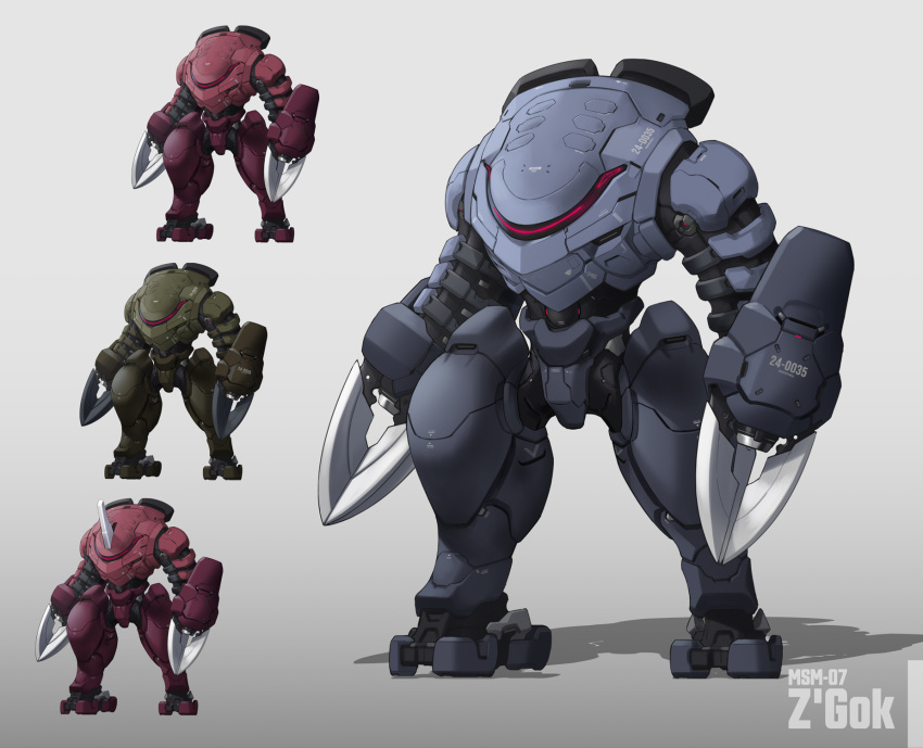 antennae arm_cannon character_name claws color_variation fukai_ryosuke gradient_background grey_background gundam highres mecha mecha_focus multiple_views no_humans redesign robot science_fiction simple_background standing weapon z'gok z'gok_char_custom