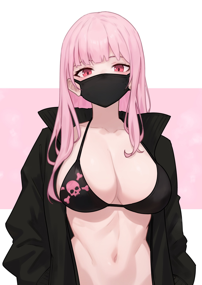 1girl absurdres alternate_costume bikini black_bikini black_jacket black_mask bluefield breasts highres hololive jacket large_breasts long_hair looking_at_viewer mask mori_calliope mouth_mask multicolored_background navel open_clothes open_jacket pink_background pink_eyes pink_hair print_bikini skull_print solo stomach swimsuit two-tone_background upper_body virtual_youtuber white_background