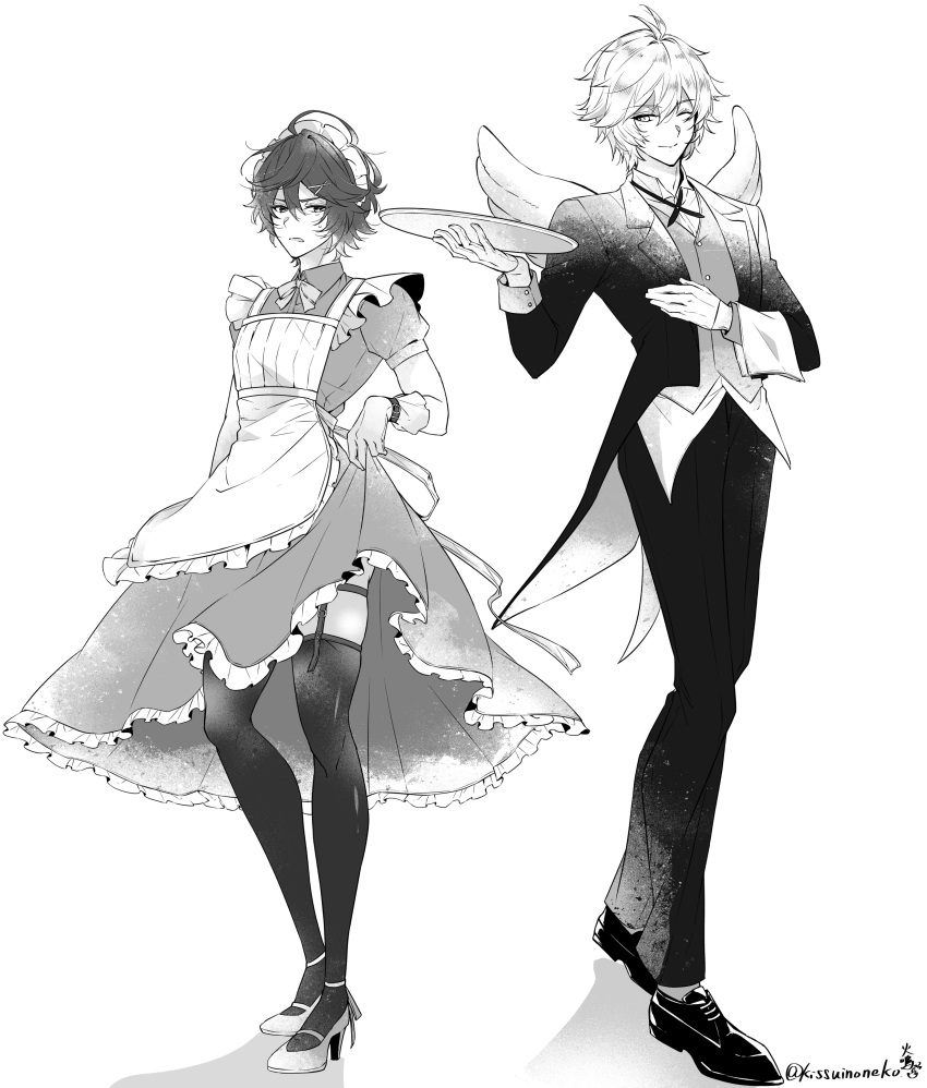 2boys absurdres ahoge apron artist_name black_pants black_suit butler clenched_teeth clothes_lift coattails commentary commentary_request disgust dress dress_lift dress_shoes frilled_dress frilled_gloves frills full_body garter_belt gloves granblue_fantasy greyscale hair_between_eyes high_heels highres holding holding_tray implied_yaoi kana_(251373) looking_at_another lucifer_(shingeki_no_bahamut) maid maid_apron male_focus messy_hair monochrome multiple_boys one_eye_closed pants puffy_short_sleeves puffy_sleeves sandalphon_(granblue_fantasy) shadow short_hair short_sleeves signature simple_background skindentation suit teeth thighhighs tray vest victorian_maid white_background white_hair white_wings wings
