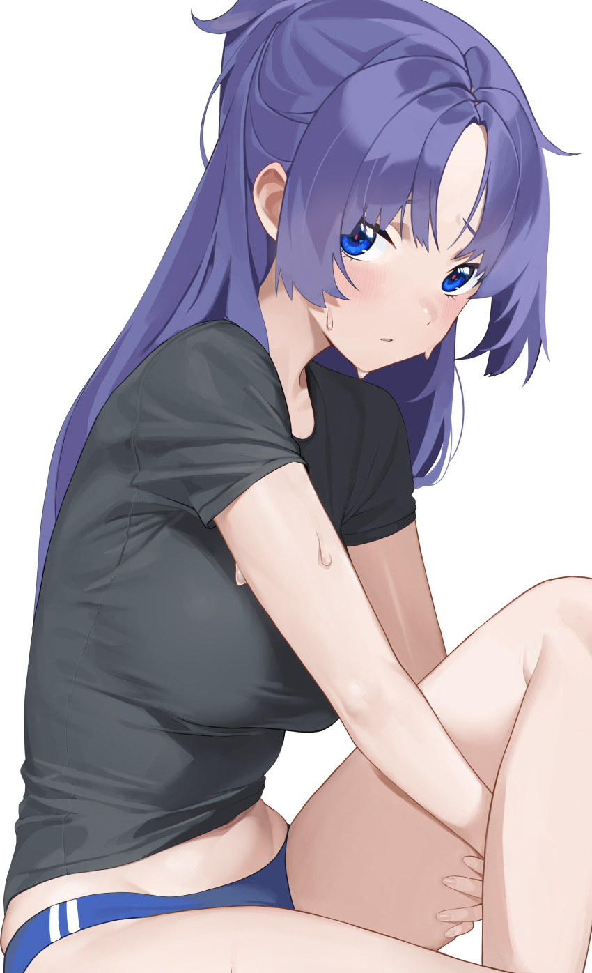 1girl absurdres alternate_eye_color bare_legs black_shirt blue_archive blue_buruma blue_eyes breasts buruma exercise highres large_breasts light_blush long_hair looking_at_viewer navel not_forever2w official_alternate_costume parted_bangs parted_lips ponytail purple_hair shirt short_sleeves simple_background sweat thighs white_background yuuka_(blue_archive) yuuka_(track)_(blue_archive)