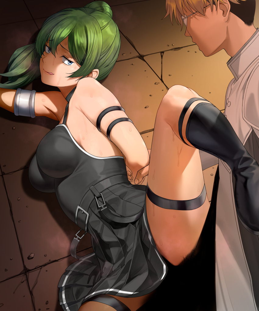 1boy 1girl a1_(initial-g) absurdres arm_grab arm_held_back arm_strap armlet bare_shoulders belt black_belt black_choker black_dress blonde_hair blue_eyes blush breasts choker closed_mouth dress from_above glasses green_hair hair_between_eyes hetero highres implied_sex land_(sousou_no_frieren) leg_up licking_lips long_hair looking_at_another pleated_dress short_hair side_ponytail smile solo_focus sousou_no_frieren spread_legs sweat thigh_strap tongue tongue_out ubel_(sousou_no_frieren)