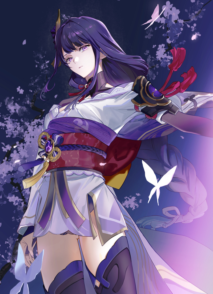 1girl absurdres arm_up blunt_bangs braid bug butterfly closed_mouth genshin_impact glowing hair_ornament haruno_taku highres japanese_clothes long_hair looking_at_viewer mitsudomoe_(shape) mole mole_under_eye outdoors purple_background purple_eyes purple_hair raiden_shogun single_braid solo standing tomoe_(symbol) tree white_butterfly