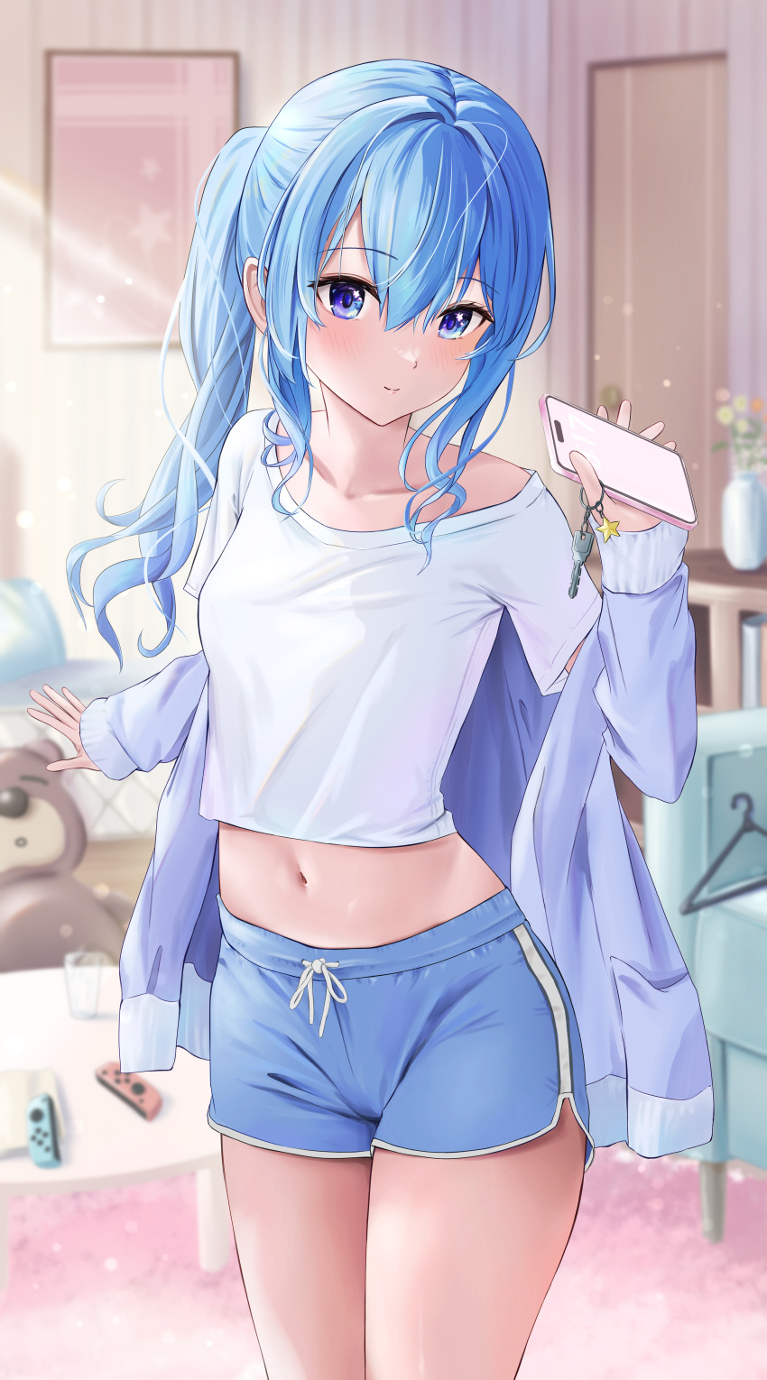 1girl absurdres blue_eyes blue_hair blue_shorts blurry blurry_background blush cellphone charm_(object) coffee_table collarbone drawstring hair_between_eyes highres hololive hoshimachi_suisei long_hair looking_at_viewer midriff mochiki_927 navel nintendo_switch off_shoulder phone shirt shorts side_ponytail smile solo star_(symbol) star_in_eye symbol_in_eye table thighs virtual_youtuber white_shirt