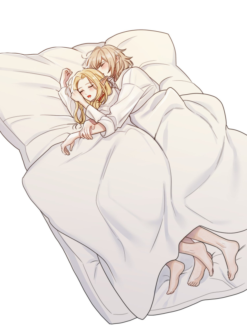 2girls blonde_hair blue_robe braid choker closed_eyes dungeon_meshi elf falin_thorden falin_thorden_(tallman) hair_around_ear highres hntpan long_hair long_sleeves marcille_donato multiple_girls open_mouth pointy_ears robe simple_background sleeping spooning yuri