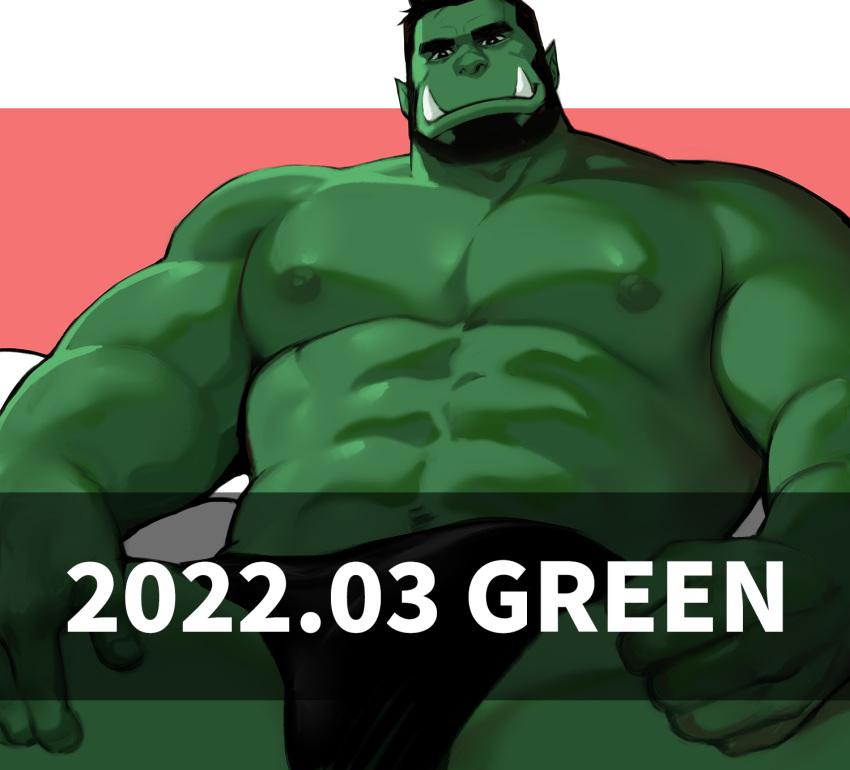 1boy bara beard black_male_underwear briefs bulge colored_skin dated dopey_(dopq) erection erection_under_clothes facial_hair full_beard green_skin highres large_hands large_pectorals male_focus male_underwear mature_male monster_boy muscular muscular_male nipples orc original paid_reward_available pectorals pink_background plump pointy_ears short_hair solo strongman_waist thick_beard thick_eyebrows topless_male tusks two-tone_background underwear watermark