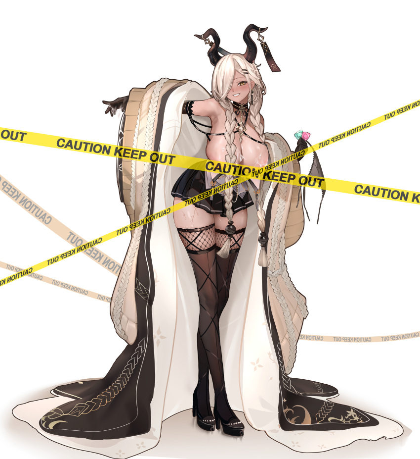 1girl absurdres azur_lane black_footwear black_gloves black_horns black_skirt blonde_hair braid breasts breasts_out brown_thighhighs cable_knit caution_tape censored cleavage coat commentary condom condom_wrapper cum cum_on_body cum_on_breasts cum_on_gloves dark-skinned_female dark_skin full_body gloves grin hair_ornament hair_over_one_eye high_heels highres holding holding_condom horn_ornament horns huge_breasts large_horns leaning_forward long_bangs long_hair long_sleeves looking_at_viewer low_twin_braids miniskirt mole mole_under_mouth open_clothes open_coat outstretched_arm owari_(azur_lane) pleated_skirt shoes simple_background skirt smile solo thighhighs twin_braids very_long_hair white_background wide_sleeves yellow_eyes yoyoleaf zettai_ryouiki