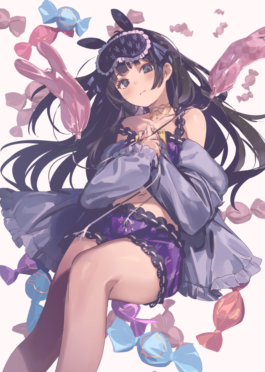 1girl absurdres animal_ears balloon bare_legs bare_shoulders black_hair blue_eyes blunt_bangs blush breasts candy character_request closed_mouth collarbone copyright_request crop_top deflated fake_animal_ears feet_out_of_frame food frilled_sleeves frills grey_jacket highres holding jacket kaerunoko long_hair long_sleeves looking_at_viewer lying mask mask_on_head navel nijisanji on_back own_hands_together purple_shirt purple_shorts rabbit_balloon ribbon-trimmed_shorts ribbon_trim shirt shorts simple_background sleep_mask sleeves_past_wrists small_breasts solo tentacles tsukino_mito tsukino_mito_(18th_costume) white_background wrapped_candy