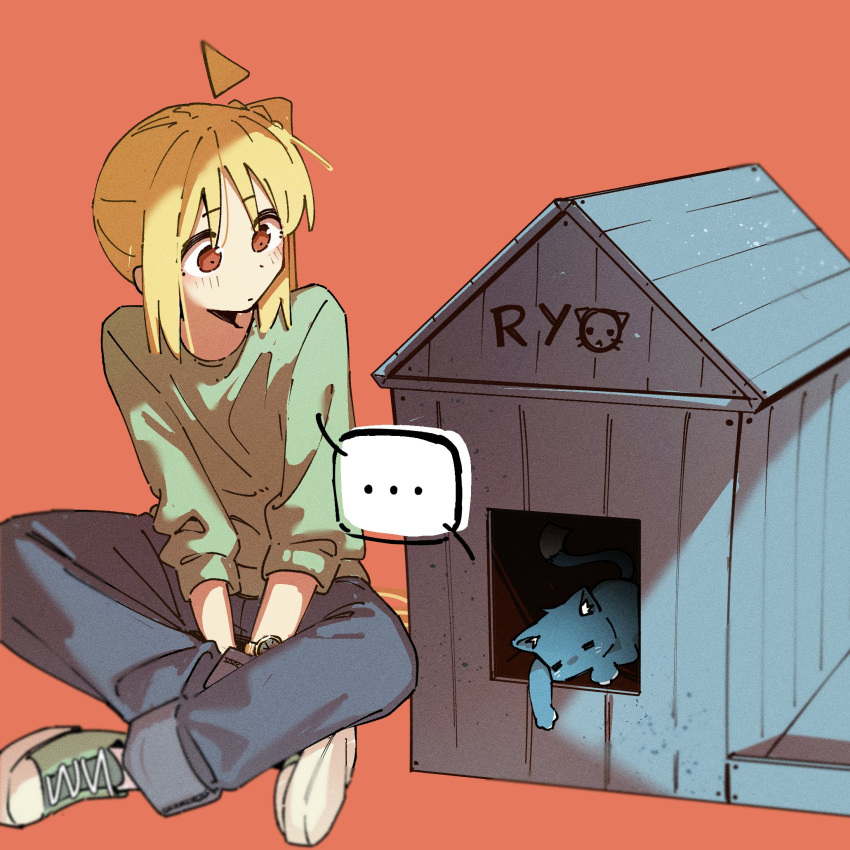 ... 1girl ahoge alternate_costume animal_ears animal_house between_legs blonde_hair blue_fur bocchi_the_rock! cat cat_ears cat_house cat_tail character_name closed_eyes crossed_legs denim detached_ahoge green_footwear green_shirt hand_between_legs highres ijichi_nijika jeans machuuu68 orange_background pants ponytail red_eyes shirt side_ponytail simple_background sitting tail watch wristwatch yamada_ryo