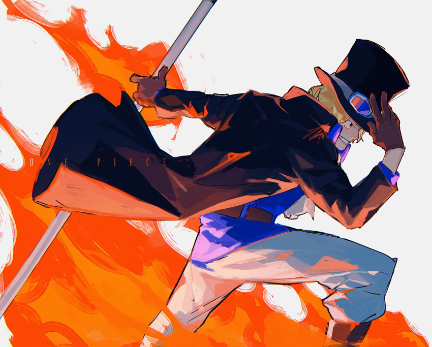 1boy ascot azisaiharumaki56 black_hat blonde_hair brown_gloves commentary_request fire gloves goggles goggles_on_headwear hat highres holding holding_weapon lead_pipe male_focus one_piece sabo_(one_piece) short_hair smile solo teeth top_hat weapon white_ascot