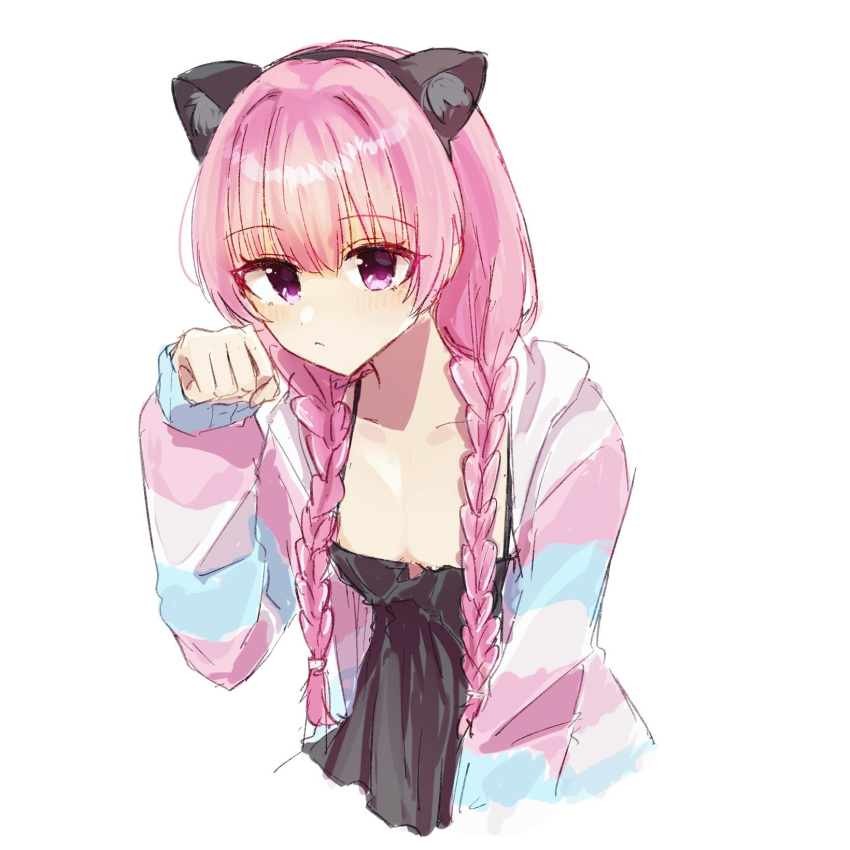 1girl :&lt; animal_ears black_camisole blazer blush braid breasts camisole cat_ears ch2sh closed_mouth commentary cropped_torso fake_animal_ears frown hair_between_eyes hand_up highres jacket long_hair looking_at_viewer low_twin_braids open_clothes open_jacket paw_pose pink_hair purple_eyes simple_background sketch sleeves_past_wrists small_breasts solo striped_clothes striped_jacket tsurime twin_braids upper_body white_background