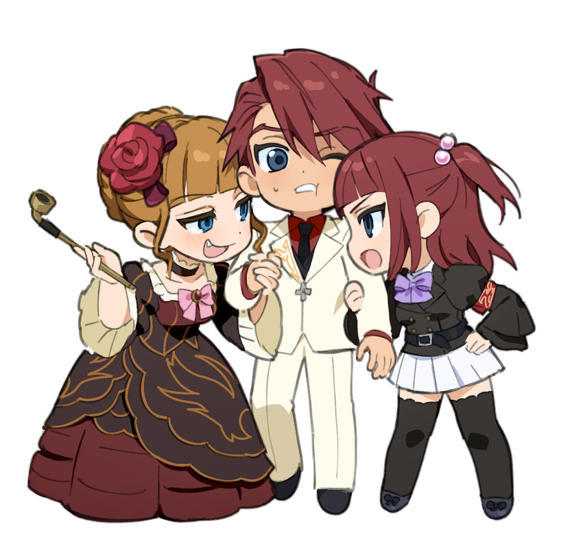 1boy 2girls arm_grab armband beads beatrice_(umineko) belt black_choker black_footwear black_jacket black_necktie black_thighhighs blonde_hair blue_eyes blunt_bangs bow bowtie brown_dress buttons cheek_press chibi chibi_only choker commentary double-breasted dress fang flower frilled_choker frilled_dress frills full_body girl_sandwich gown hair_beads hair_bun hair_flower hair_ornament hand_on_own_hip highres holding holding_hands holding_smoking_pipe jacket juliet_sleeves kiseru long_sleeves looking_at_another medium_hair multiple_girls necktie one_eye_closed one_side_up open_mouth pants pink_bow pink_bowtie profile puffy_sleeves purple_bow purple_bowtie red_armband red_hair sandwiched shoes short_hair sideways_mouth simple_background single_hair_bun skirt smirk smoking_pipe standing suit sweatdrop swept_bangs symbol-only_commentary thighhighs umineko_no_naku_koro_ni ushiromiya_ange ushiromiya_battler white_background white_jacket white_pants white_skirt white_suit wuliu_heihuo