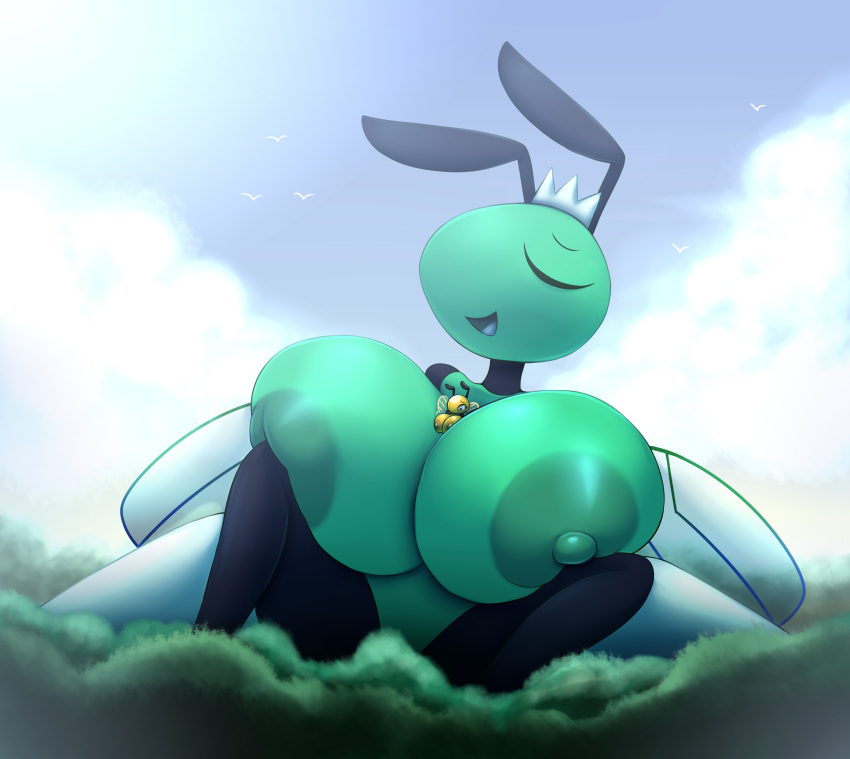 2019 absurd_res ambient_bird antennae_(anatomy) anthro areola arthropod bee beedrill big_areola big_breasts black_body blue_tongue breasts cloud crown digital_media_(artwork) duo elfdrago eyelashes eyes_closed female female/female forest generation_1_pokemon green_areola green_body green_nipples headgear hi_res huge_areola huge_breasts hymenopteran insect macro nintendo nipples open_mouth plant pokemon pokemon_(species) shiny_pokemon size_difference sky tongue tree wings yellow_body
