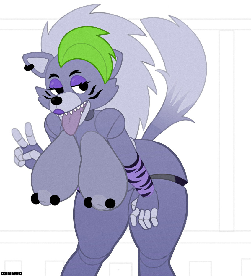 animatronic breasts canid canine canis dsmnup ear_piercing five_nights_at_freddy's five_nights_at_freddy's:_security_breach fur gesture green_highlights grey_body grey_fur hair hand_gesture hi_res highlights_(coloring) joints lipstick machine makeup mammal nipple_piercing nipples piercing robot roxanne_wolf scottgames signature steel_wool_studios teeth tongue tongue_out v_sign wolf
