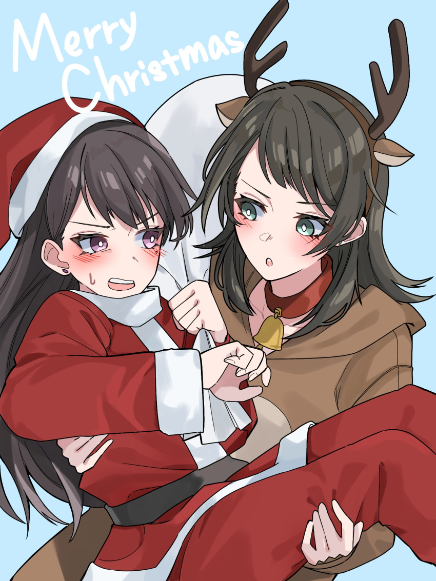 2girls animal_costume animal_ears antlers bag bang_dream! bang_dream!_it's_mygo!!!!! bell blue_background blue_eyes blush bright_pupils brown_hair carrying christmas commentary_request deer_ears english_text fur-trimmed_headwear fur-trimmed_shirt fur_trim hat highres holding holding_bag horns long_hair long_sleeves looking_at_another merry_christmas mole mole_under_eye multiple_girls nanami_(nunnun_0410) neck_bell pants parted_lips princess_carry purple_eyes red_hair red_pants red_shirt reindeer_antlers reindeer_costume santa_costume santa_hat shiina_taki shirt sweatdrop white_pupils yahata_umiri yuri
