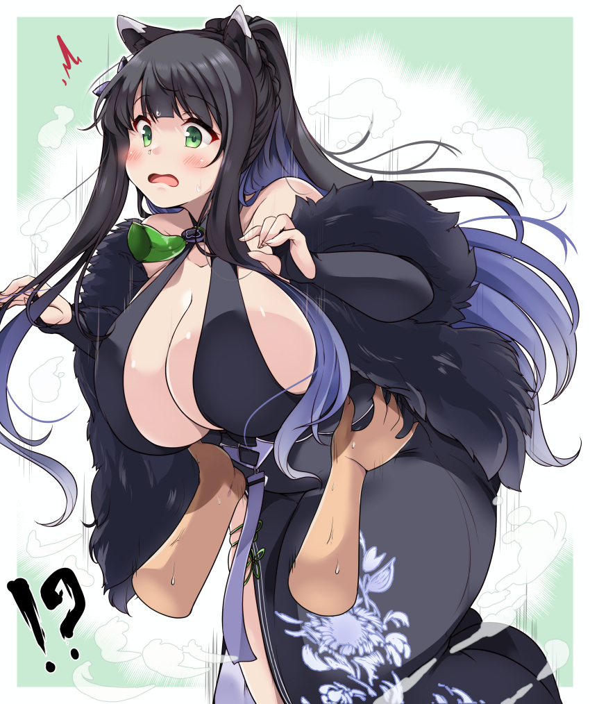 !? 1girl absurdres alternate_breast_size animal_ears black_gloves black_hair blue_archive blue_hair blush border breasts cleavage collarbone commentary_request disembodied_limb dress feet_out_of_frame gloves grabbing_another's_belly green_background green_eyes highres huge_breasts kurokaze_no_sora long_hair multicolored_hair open_hands open_mouth outside_border shun_(blue_archive) sidelocks solo_focus sweat tareme thick_thighs thighs two-tone_hair white_border