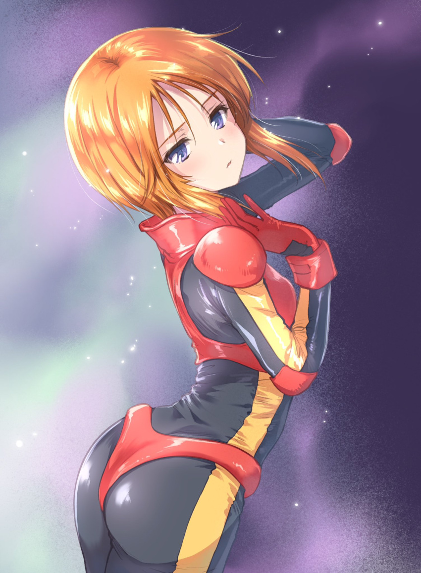 1girl ass back black_bodysuit blue_eyes bodysuit breasts commentary gloves gundam gundam_zz highres kuroi_mimei looking_at_viewer looking_back normal_suit orange_hair pilot_suit puru_two short_hair sidelocks small_breasts solo