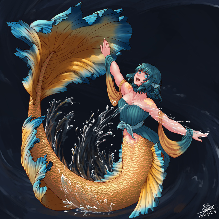 1girl absurdres black_background blue_eyes blue_hair breasts cleavage commentary dated drill_hair drill_sidelocks english_commentary fins full_body head_fins highres hippppodraw looking_at_viewer mermaid monster_girl open_mouth short_hair sidelocks signature simple_background solo touhou wakasagihime water
