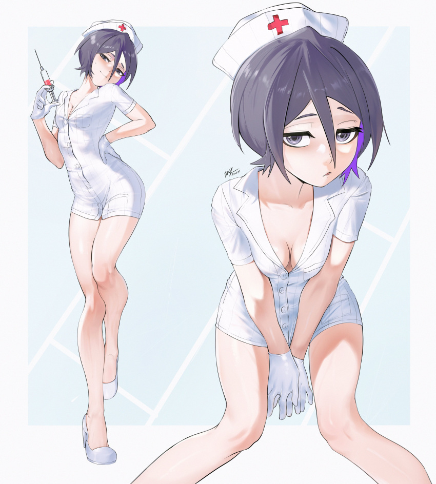 1girl absurdres alternate_costume black_eyes black_hair bleach breasts cleavage collared_shirt commentary dated english_commentary gloves hand_on_own_hip hat high_heels highres holding holding_syringe kuchiki_rukia looking_at_viewer multicolored_hair multiple_views nurse nurse_cap petite purple_hair shirt short_hair signature skinny small_breasts streaked_hair syringe tomboy waligner white_footwear white_gloves white_shirt