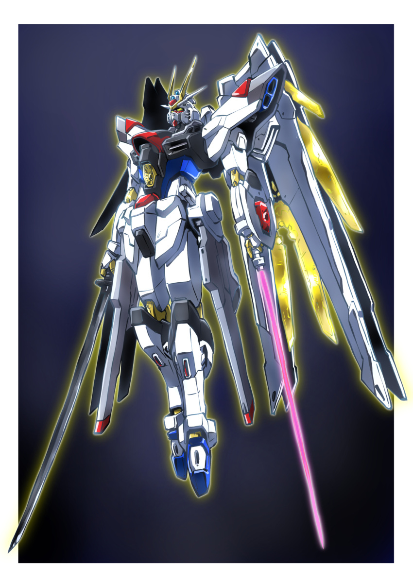 beam_saber dual_wielding energy_sword gun gundam gundam_seed gundam_seed_freedom highres holding holding_sword holding_weapon katana mecha mechanical_wings mighty_strike_freedom_gundam mobile_suit no_humans robot science_fiction solo sword taiga_hiroyuki v-fin weapon wings yellow_eyes