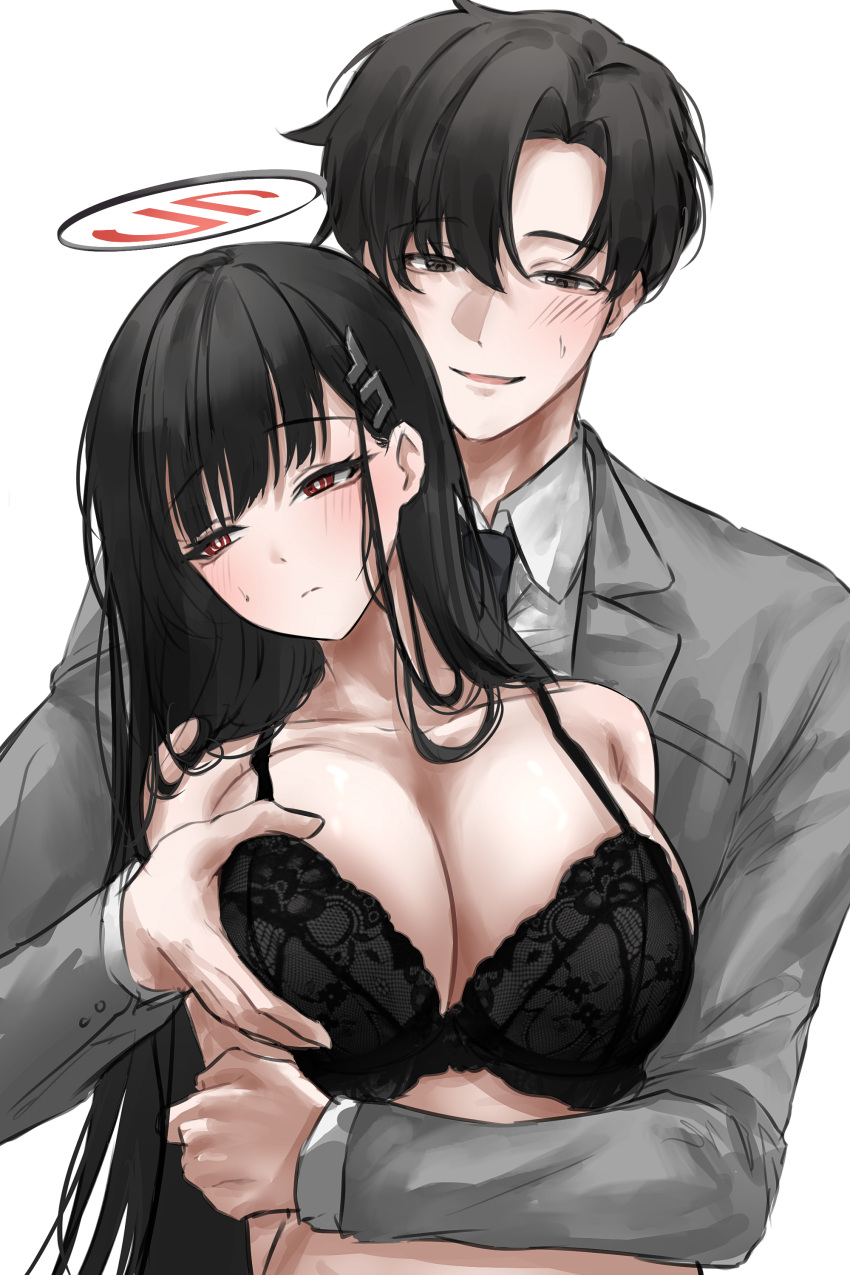 1boy 1girl absurdres at_congju black_bra black_eyes black_hair blue_archive blue_archive_the_animation blush bra breasts cleavage closed_mouth collarbone collared_shirt grabbing grabbing_another's_breast grabbing_from_behind hair_ornament hairpin halo highres large_breasts long_hair long_sleeves open_mouth red_eyes rio_(blue_archive) sensei_(blue_archive) sensei_(blue_archive_the_animation) shirt short_hair simple_background underwear white_background white_shirt