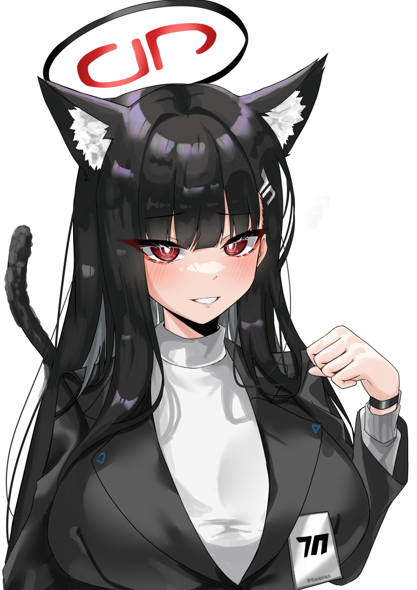 1girl absurdres animal_ear_fluff animal_ears black_hair blue_archive blush breasts cat_ears cat_tail dragonchicken02 extra_ears grin hair_ornament hairpin halo highres id_card large_breasts long_hair long_sleeves looking_at_viewer red_eyes rio_(blue_archive) simple_background smile solo sweater tail turtleneck turtleneck_sweater white_background white_sweater