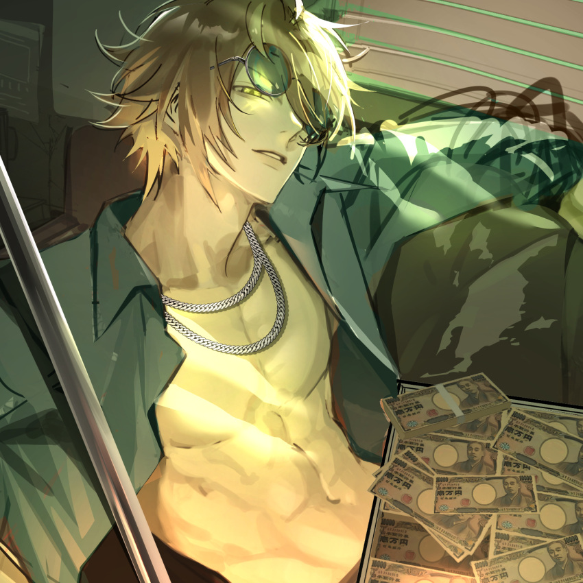 1boy abs arm_rest banknote brown_hair chain_necklace collared_shirt couch eyewear_on_head from_argonavis from_side green_eyes green_shirt hayasaka_kouhei head_tilt highres jewelry leaning_back light_rays looking_at_viewer male_focus money necklace on_couch open_clothes open_shirt pectorals rebar shirt single_sidelock smirk solo sunglasses sunlight swept_bangs upper_body wago window_blinds