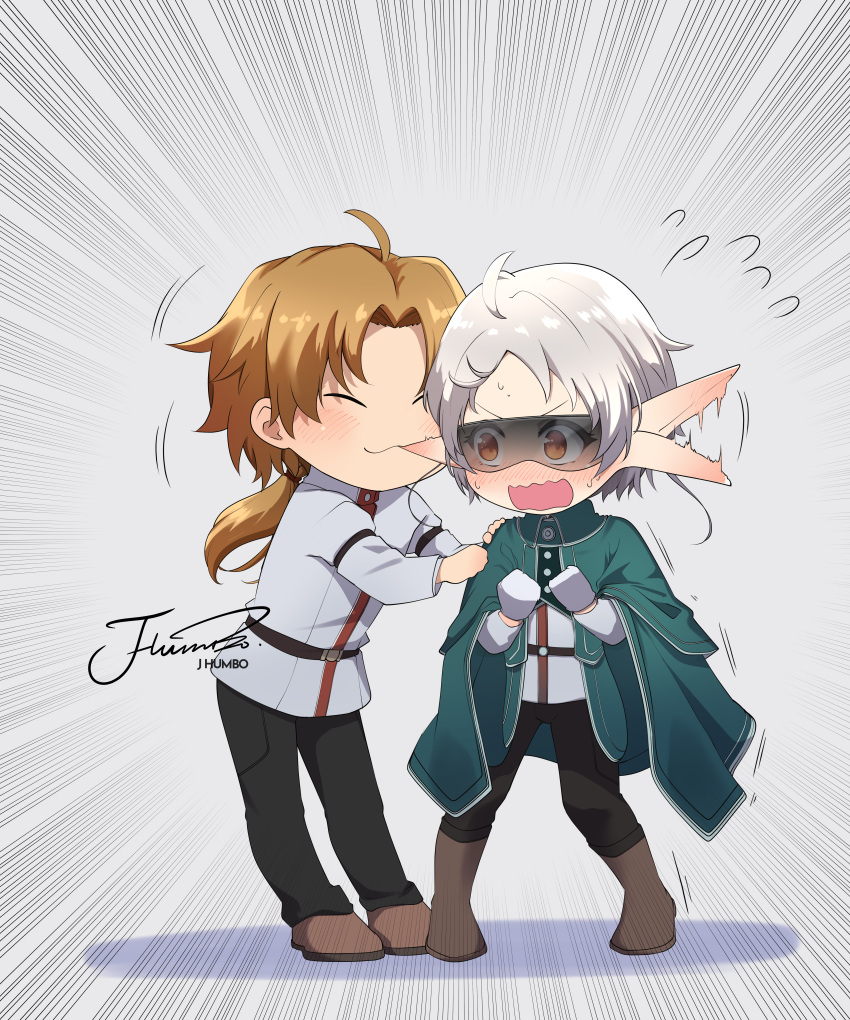 1boy 1girl absurdres afterimage ahoge artist_name biting black_pants boots brown_footwear chibi closed_eyes closed_mouth commentary ear_biting elf emphasis_lines flying_sweatdrops full_body gloves grey_background grey_jacket highres j_humbo jacket light_brown_hair long_hair long_sleeves looking_at_another low_ponytail motion_lines mushoku_tensei open_mouth pants parted_bangs pointy_ears rudeus_greyrat short_hair signature standing sunglasses sylphiette_(mushoku_tensei) v-shaped_eyebrows wavy_mouth white_gloves