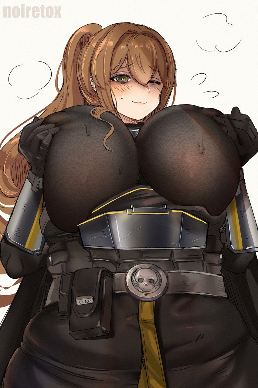 1girl artist_name bags_under_eyes belt blush bodysuit breasts brown_bodysuit brown_eyes brown_gloves brown_hair closed_mouth commentary covered_nipples gloves hair_between_eyes hair_over_breasts hands_on_own_breasts helldivers_(series) highres huge_breasts long_hair looking_at_viewer neet_girl_(noiretox) nipple_pull nipple_stimulation noiretox one_eye_closed original ponytail puff_of_air simple_background solo split_mouth sweat symbol-only_commentary upper_body white_background