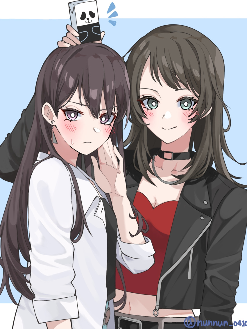 2girls bang_dream! bang_dream!_it's_mygo!!!!! black_choker black_jacket black_shirt blue_background blush border breasts bright_pupils brown_hair choker cleavage closed_mouth commentary_request earrings highres jacket jewelry juice_box long_hair long_sleeves multiple_girls nanami_(nunnun_0410) navel notice_lines object_on_head open_clothes open_shirt purple_eyes red_shirt shiina_taki shirt simple_background smile sweatdrop twitter_username white_border white_pupils white_shirt yahata_umiri
