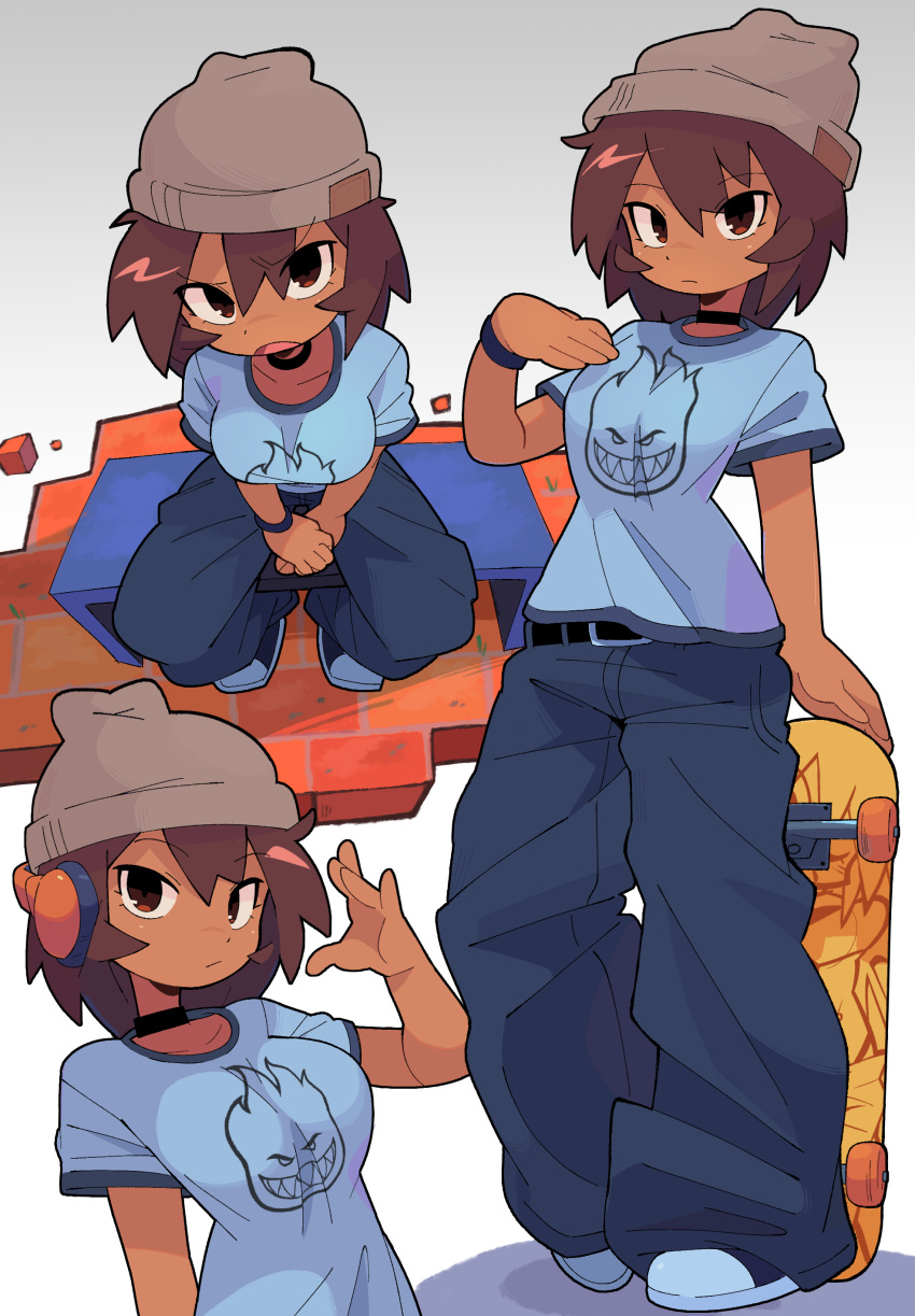 1girl absurdres alternate_costume azumanga_daioh bacun baggy_pants bench black_pants blue_shirt breasts brown_eyes brown_hair choker closed_mouth dark-skinned_female dark_skin expressionless headphones highres kagura_(azumanga_daioh) looking_at_viewer medium_breasts open_mouth pants shirt shoes short_hair short_sleeves sitting skateboard sneakers solo