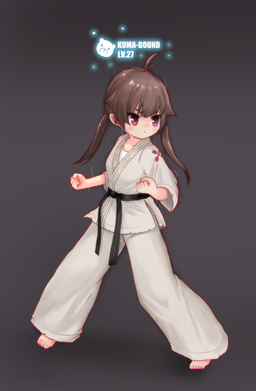 1girl absurdres ahoge barefoot belt black_belt blush brown_hair chinese_commentary clenched_hand commentary_request dougi full_body grey_background highres kuma-bound long_hair low_twintails martial_arts_belt original pants red_eyes simple_background solo standing sweat toes twintails v-shaped_eyebrows white_pants