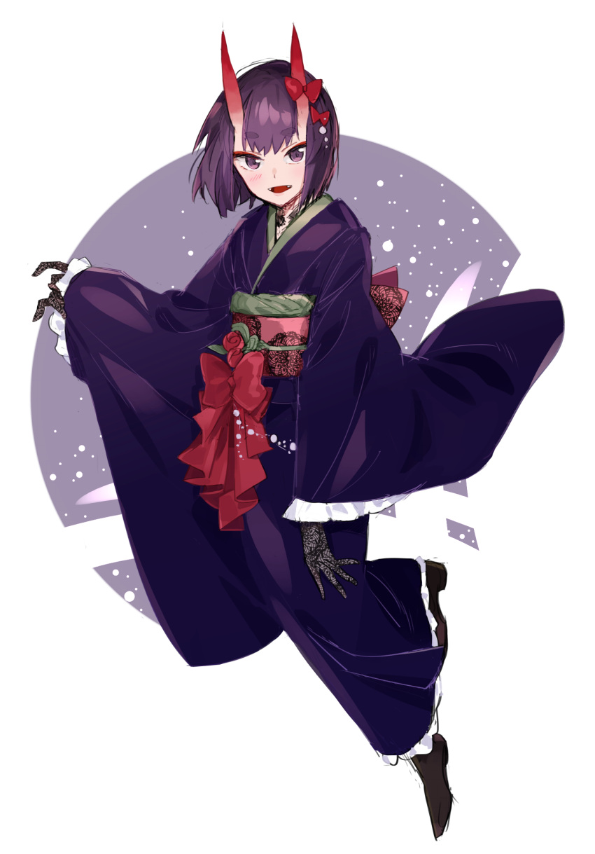 1girl blush bow brown_footwear eyeliner fate/grand_order fate_(series) floating full_body highres horns japanese_clothes kimono long_sleeves looking_at_viewer makeup obi oni parted_lips purple_eyes purple_hair purple_kimono red_bow red_eyeliner sash shironojiro short_hair shuten_douji_(fate) simple_background smile solo wide_sleeves