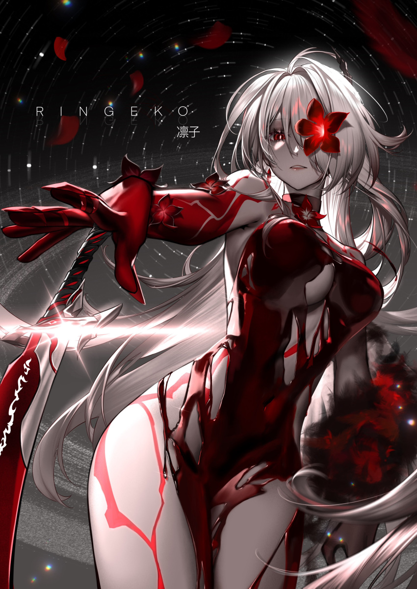 1girl absurdres acheron_(honkai:_star_rail) blood blood_censor blood_on_breasts blood_on_chest body_markings breasts colored_extremities commentary flower hair_over_one_eye highres honkai:_star_rail honkai_(series) long_hair looking_at_viewer official_alternate_color official_alternate_eye_color official_alternate_hair_color pale_skin red_eyes red_hands ringeko-chan solo very_long_hair white_hair