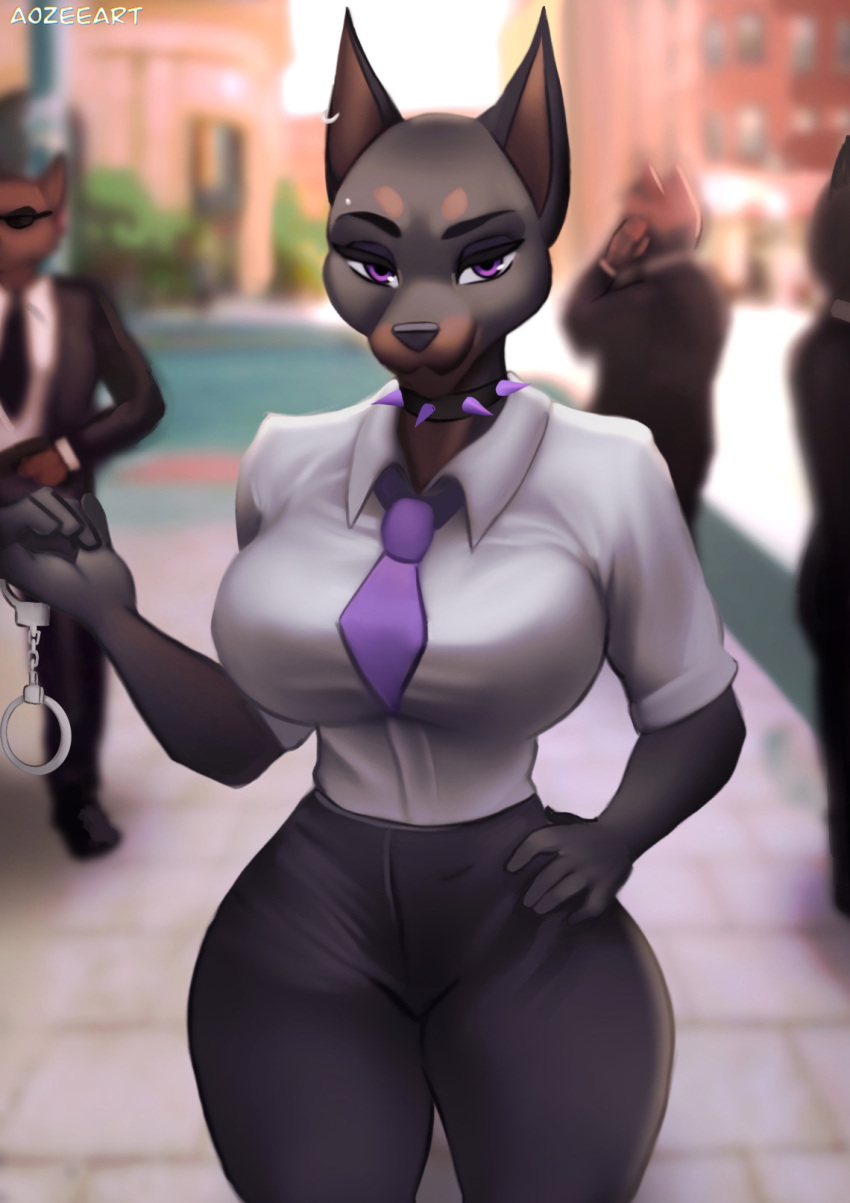 2024 5_fingers anthro aozee artist_name bedroom_eyes big_breasts black_tie_(suit) breasts brown_body brown_fur canid canine canis clothing collar cuff_(restraint) curvy_figure detailed_background digital_drawing_(artwork) digital_media_(artwork) dobermann domestic_dog ear_piercing ear_ring eyewear female fingers fur group hand_on_hip hand_on_own_hip handcuffs hi_res looking_at_viewer male mammal metal_cuffs multicolored_body multicolored_fur narrowed_eyes necktie outside piercing pinscher policewoman purple_eyes restraints ring_piercing seductive smile snout spiked_collar spikes suit sunglasses thick_thighs two_tone_body two_tone_fur voluptuous watermark wide_hips