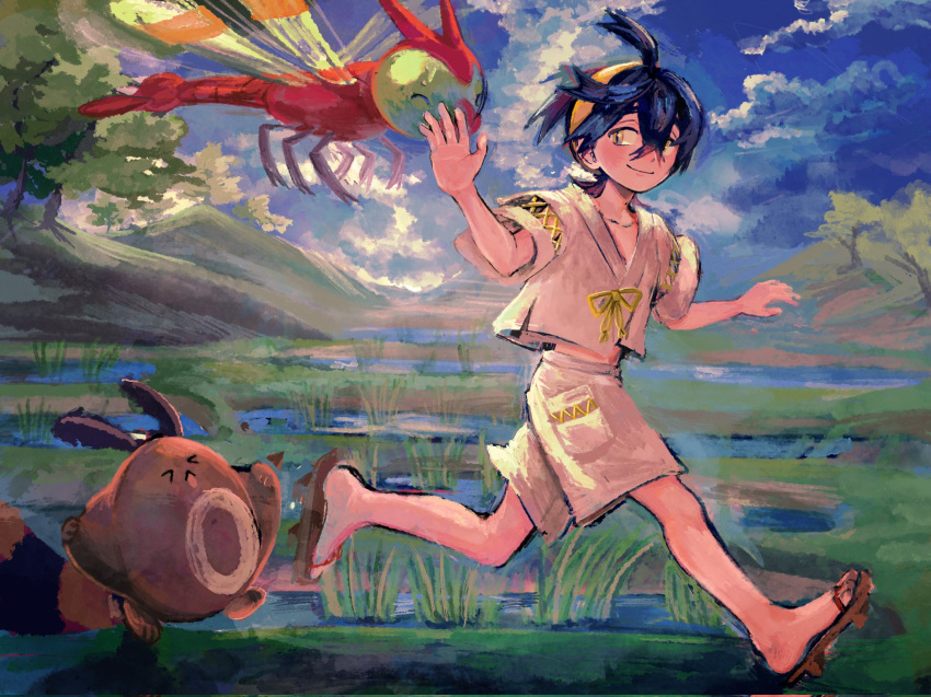 &gt;_&lt; 1boy black_hair closed_eyes closed_mouth cloud corrupted_twitter_file crossed_bangs day furret hair_between_eyes hairband highres japanese_clothes kieran_(pokemon) male_focus multicolored_hair open_mouth outdoors pokemon pokemon_sv purple_hair running short_sleeves sky tree water wetland wrozzii yanma yellow_hairband