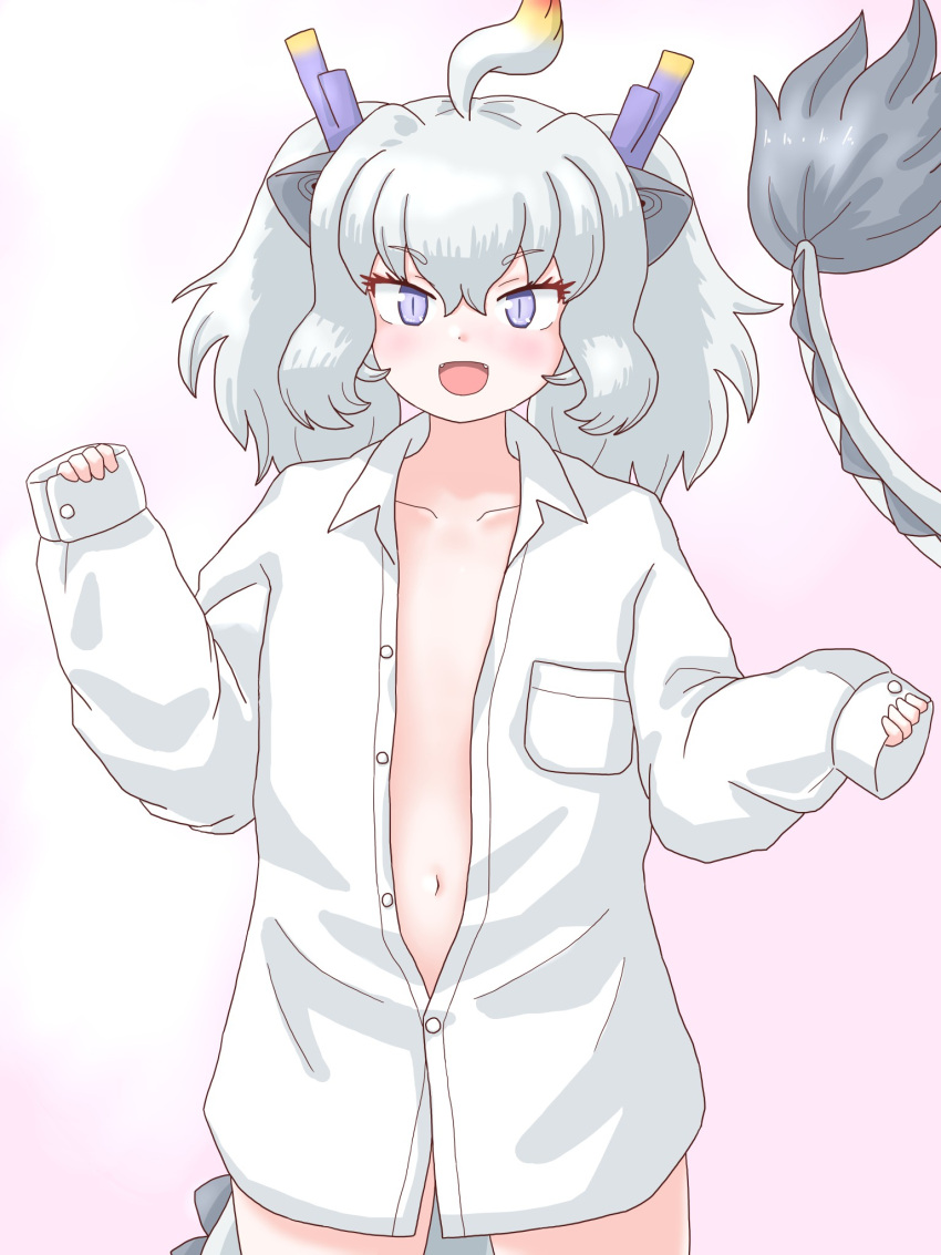1girl animal_ears blush bottomless breast_pocket collarbone dragon_ears dragon_girl dragon_horns dragon_tail dress_shirt extra_ears flat_chest fur-tipped_tail highres horns kemono_friends kemono_friends_3 long_tail looking_at_viewer mukouyama_mu multicolored_horns naked_shirt navel no_bra open_clothes open_mouth open_shirt oversized_clothes oversized_shirt partially_unbuttoned pocket purple_horns shirt simple_background smile solo tail white_dragon_(kemono_friends) white_hair white_shirt yellow_horns